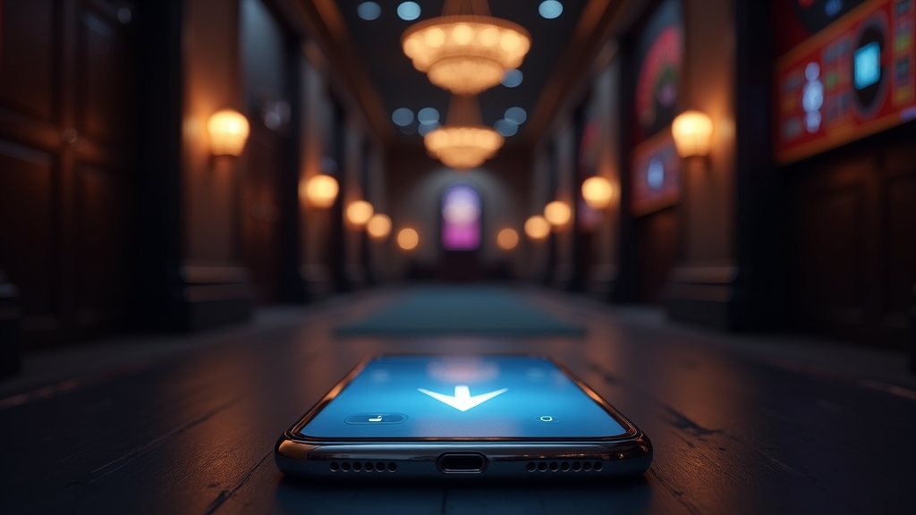 Smartfon z procesem pobierania aplikacji na tle kasynowych świateł